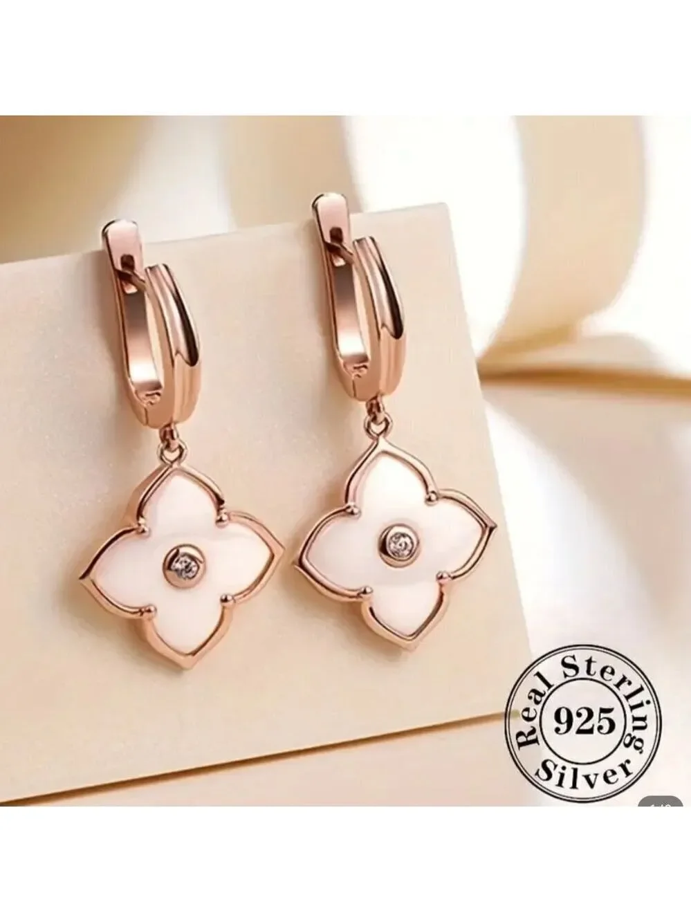 Sterling 925 Silver Jewelry White Flower Design Dangle Earrings